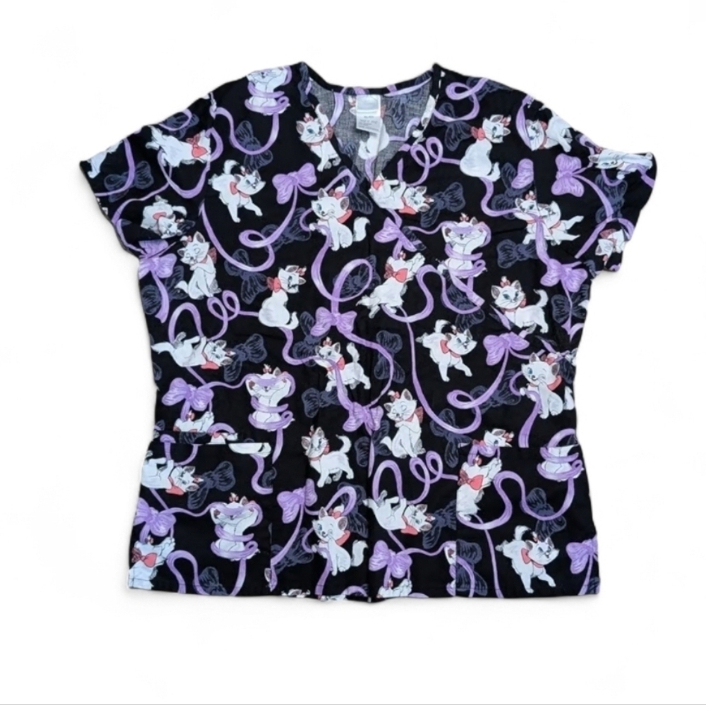 Disney Black Scrub Top with White and Lavender Cat Print